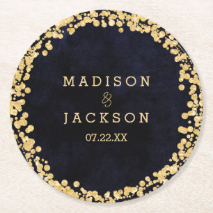 Solblått vatten och Guld Bröllop Monogram Underlägg Papper Rund