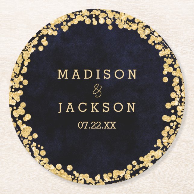 Solblått vatten och Guld Bröllop Monogram Underlägg Papper Rund (Framsidan)
