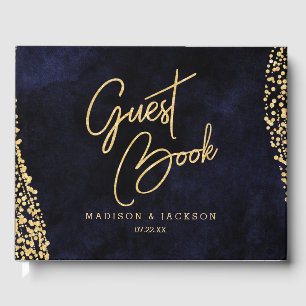 Solblått vatten och Guld Glam Bröllop Monogram Gästböcker