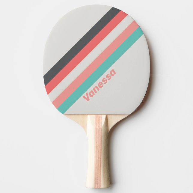 Solblekt korall randigt med namn pingisracket (Framsidan)