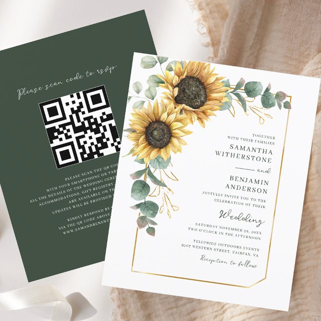 Solblomma Allt-i-ett QR-kod Bröllopsinbjudan (Sunflower All-in-One QR Code Wedding Invitation)