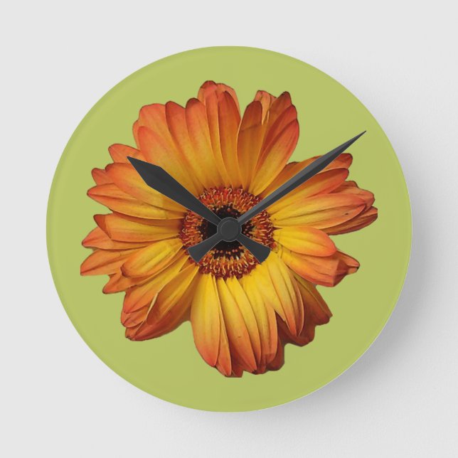Solblomma av Orange gerbera Rund Klocka (Framsida)
