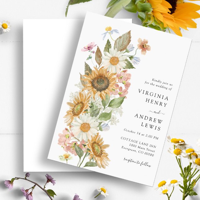 Solblomma Blommig Bröllopsinbjudan Inbjudningar (Elegant Sunflower Wildflower Floral Wedding Invitation by Painted Paperie
)