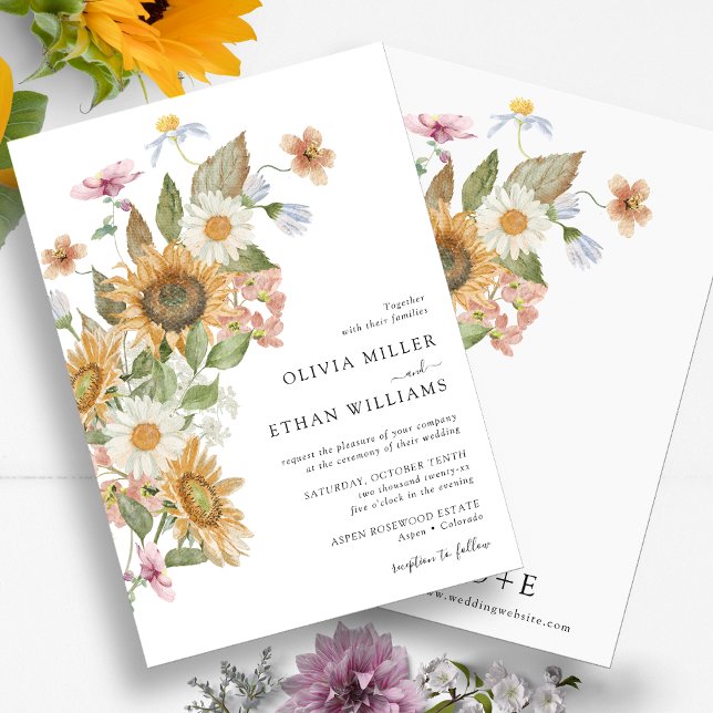 Solblomma Bröllop Inbjudningar (Watercolor Floral Sunflower Wildflower Wedding Invitation Monogrammed by Painted Paperie
)