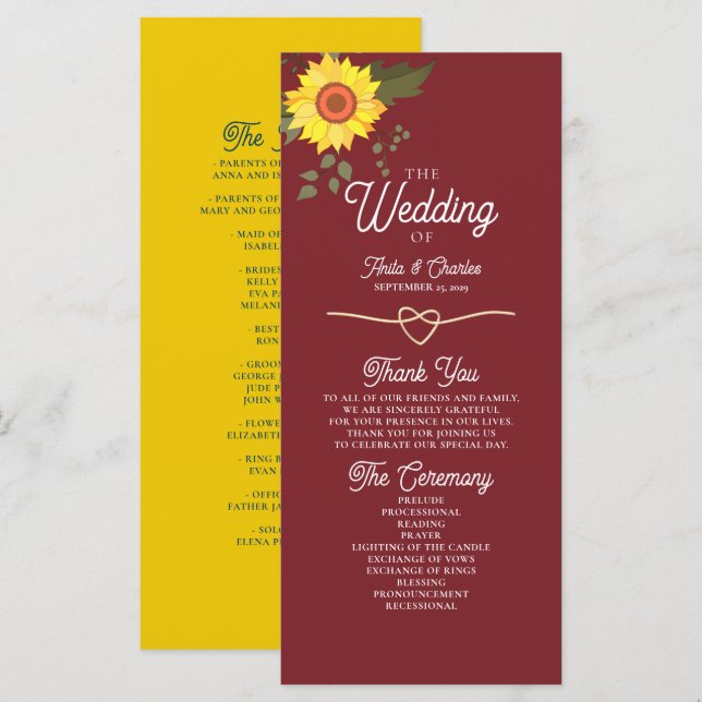 Solblomma Bröllopsprogram (Fram/baksida)