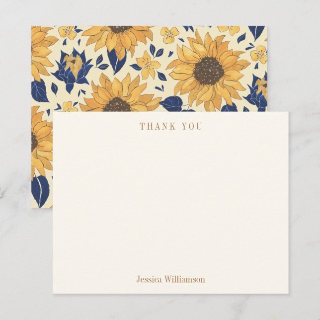 Solblomma Gul Blå Bröllopsfest Anpassat Namn  Tack Kort (Fram/baksida)