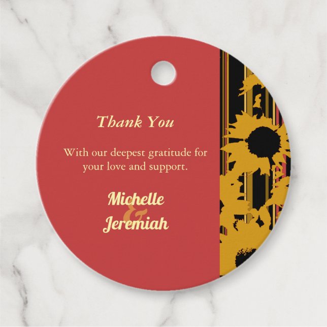 Solblomma Solnedgång Korall Modern Bröllop Tacksam Gåvor Etiketter (Framsida)