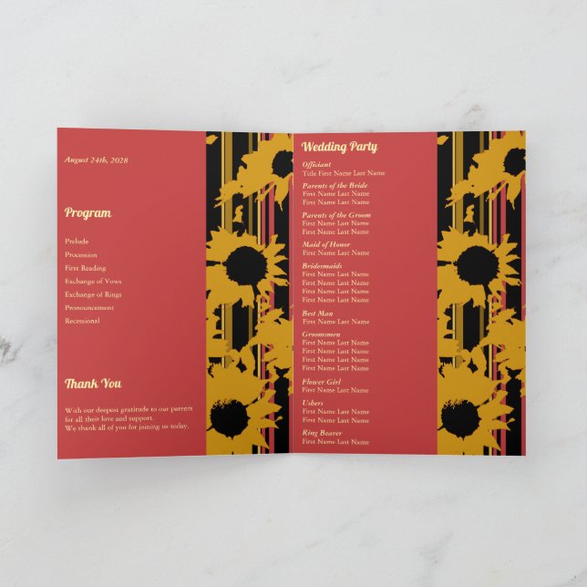 Solblomma Solnedgång Korallguld Modern Bröllopsfot Program (Inuti)