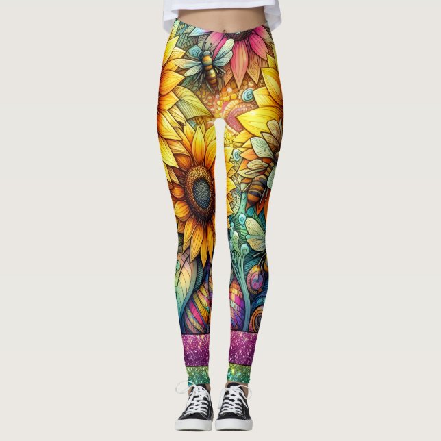 Solblommebin blommar, Boho-trädgård Leggings (Framsida)