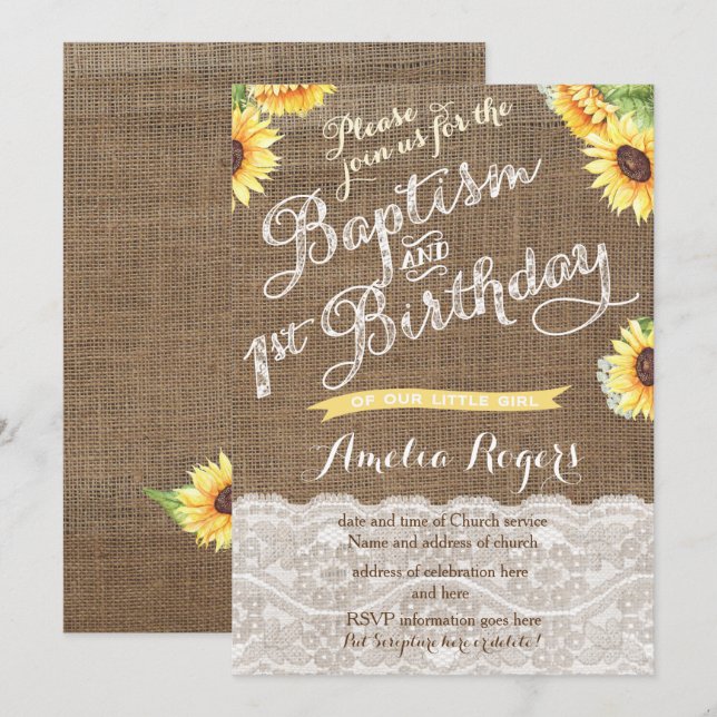 Solblommor 1:a födelsedag Baptism för liten flicka Inbjudningar (Fram/baksida)