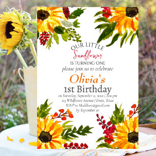 Solblommor 1st First Birthday Girl Land Blommigt Inbjudningar
