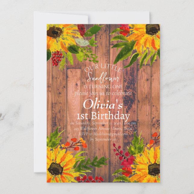 Solblommor 1st First Birthday Girl Land Blommigt Inbjudningar (Framsida)