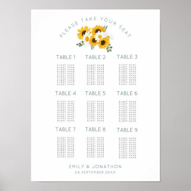 Solblommor 9 Bord 90 Sittplatsschema för gäst Poster (Framsidan)
