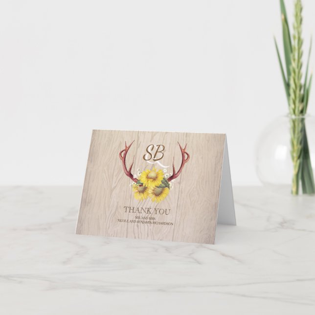 Solblommor Antlers Rustic Wood Bröllop Tack (Framsida)