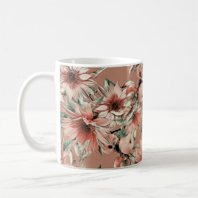 Solblommor, äpplen: höstvattenfärg mönster kaffemugg (Vänster)