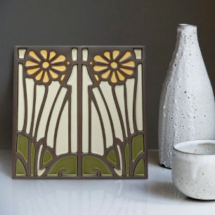 Solblommor Art Deco Blommigt Wall Decor Art nouvea Kakelplatta
