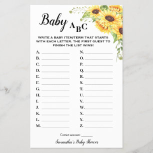 Solblommor Baby ABC Baby Shower Game Card Flygblad
