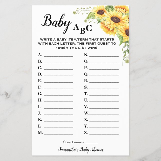 Solblommor Baby ABC Baby Shower Game Card Flygblad (Framsidan)