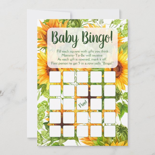 Solblommor Baby Bingo Shower Game Inbjudningar (Framsida)