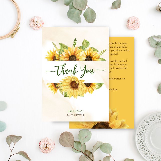 Solblommor baby i blomning baby showe tack kort (Sunflowers baby in bloom baby shower thank you cards summer fall floral baby shower)