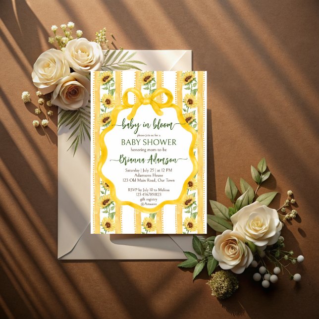 Solblommor baby i bloombabyduschmall inbjudningar (Sunflowers baby in bloom retro stripes wavy bow border baby shower invitation cards template)