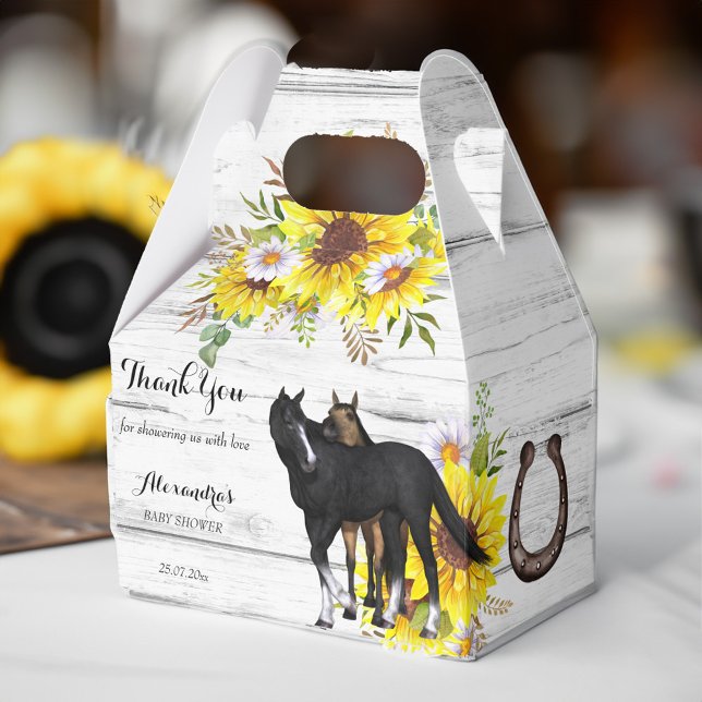 Solblommor, babydusch för rosa häst presentaskar (Cowgirl rustic horse foal sunflowers baby shower favor box)