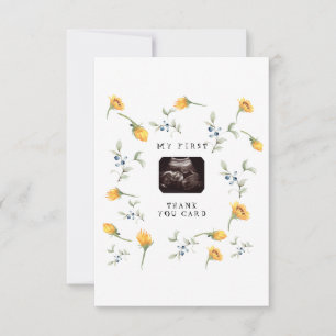 Solblommor, bär och blommiga babyskor tack kort