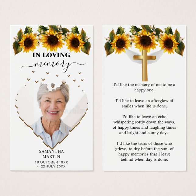 Solblommor Bevalt Memorial Funeral Bookmark Visitkort (Framsida & baksida)