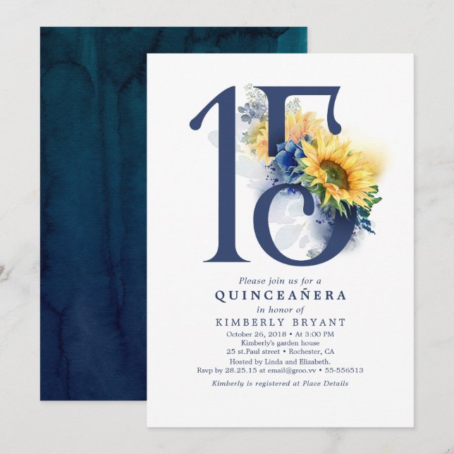 Solblommor Blå Blommigt Elegant Quinceanera Inbjudningar (Fram/baksida)