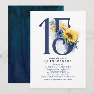 Solblommor Blå Blommigt Elegant Quinceanera Inbjudningar