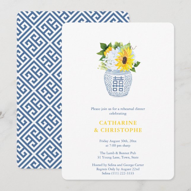 Solblommor Blå och Gult Rehearsal Middag Inbjudningar (Fram/baksida)