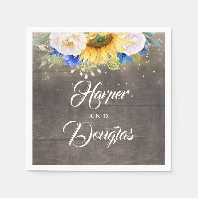 Solblommor Blå och Vita Fallbröllop Pappersservett (Framsidan)