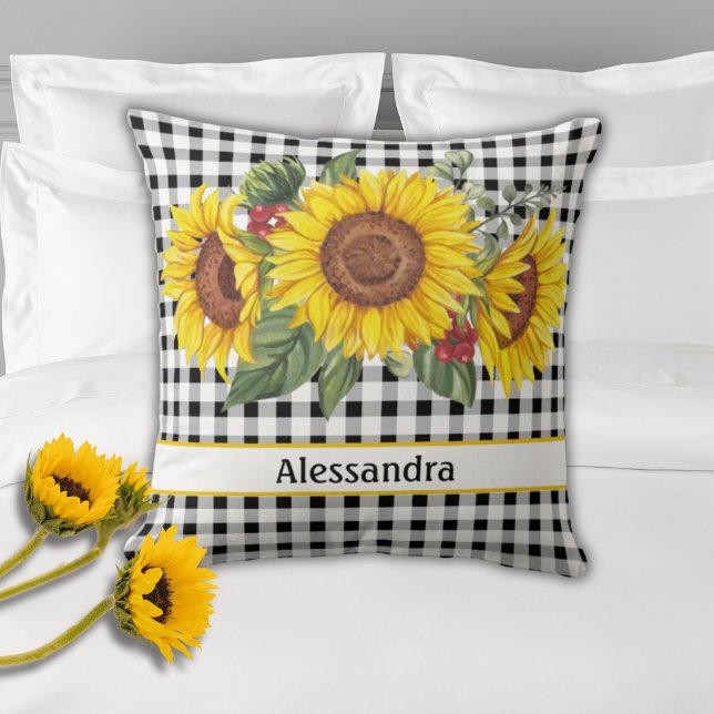 Solblommor Black Gingham Personlig Kudde (Skapare uppladdad)