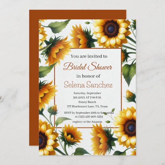 Solblommor Blommigt Bride for her Möhippa Inbjudningar (Fram/baksida)