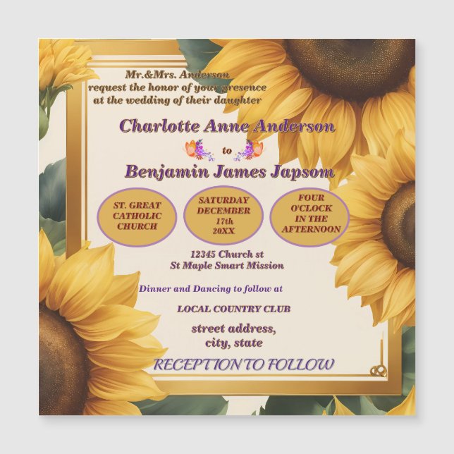 Solblommor blommigt bröllop magnetisk inbjudningskort (Framsida)