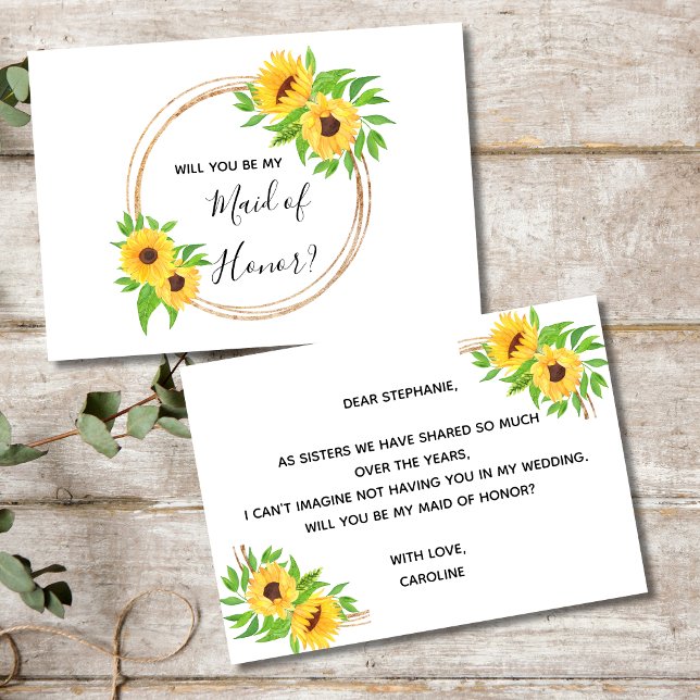 Solblommor Blommigt Gult blir du Maid of honor Inbjudningar (Sunflowers Will You Be My Maid of Honor Card. Printed or Digital Instant download)
