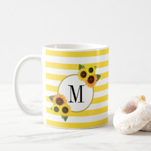 Solblommor, Blommigt Monogram, ljusa Rand Gult Kaffemugg