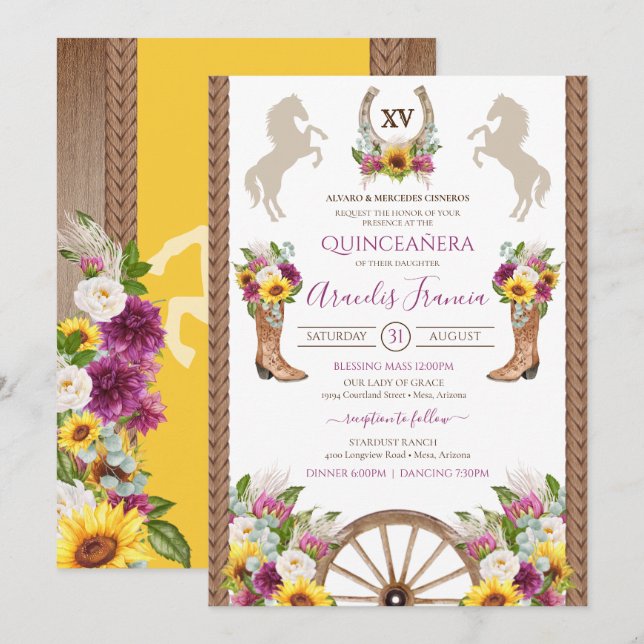 Solblommor Blommigt Rustic Charro Quinceanera Inbjudningar (Fram/baksida)