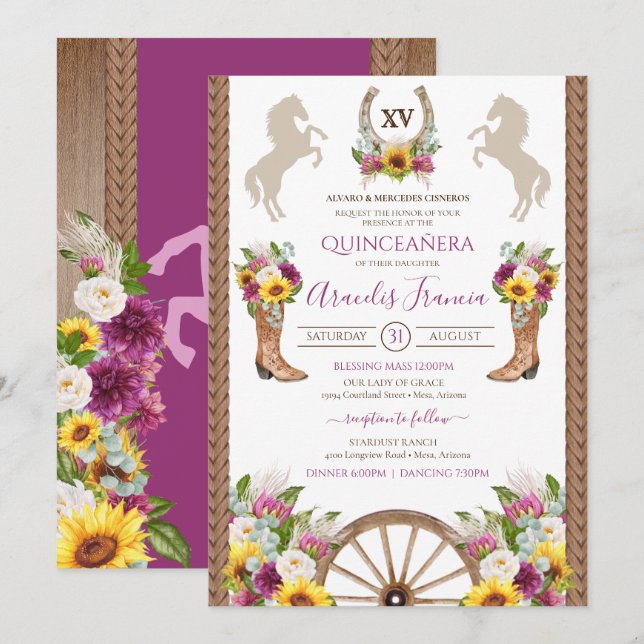 Solblommor Blommigt Rustic Charro Quinceanera Invi Inbjudningar (Fram/baksida)