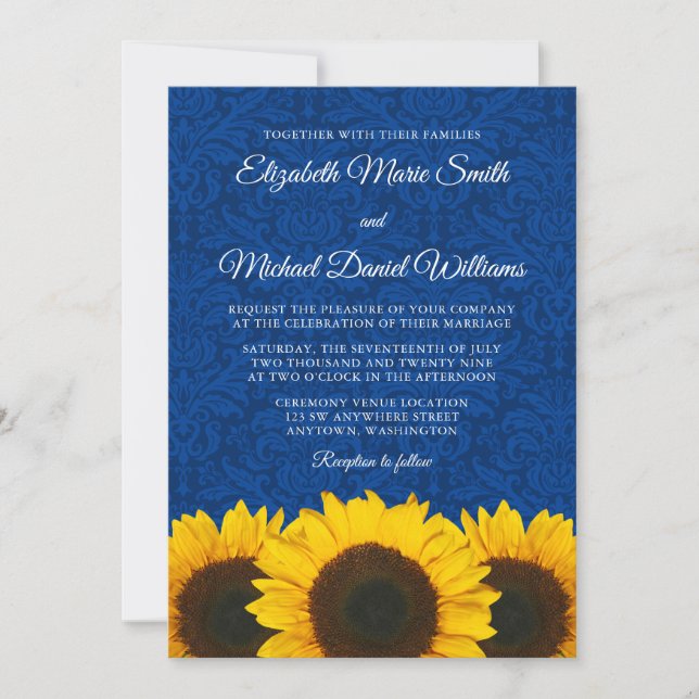 Solblommor Blue Damask Wedding Inbjudningar (Framsida)