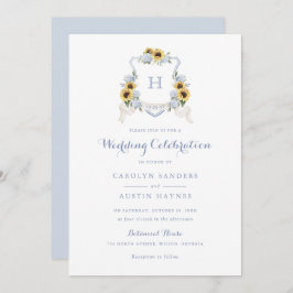 Solblommor Blue Hydrangea Vapensköld Monogram Bröl Inbjudningar