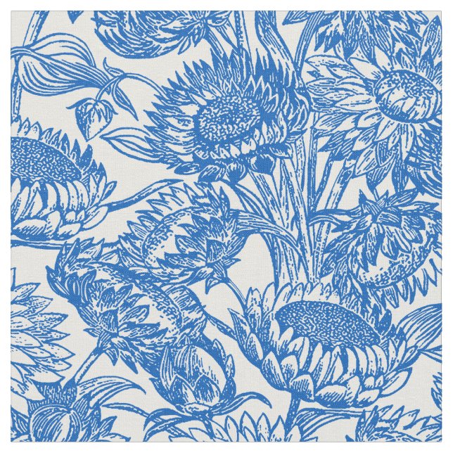 Solblommor Blue Toile Tyg (Närbild)
