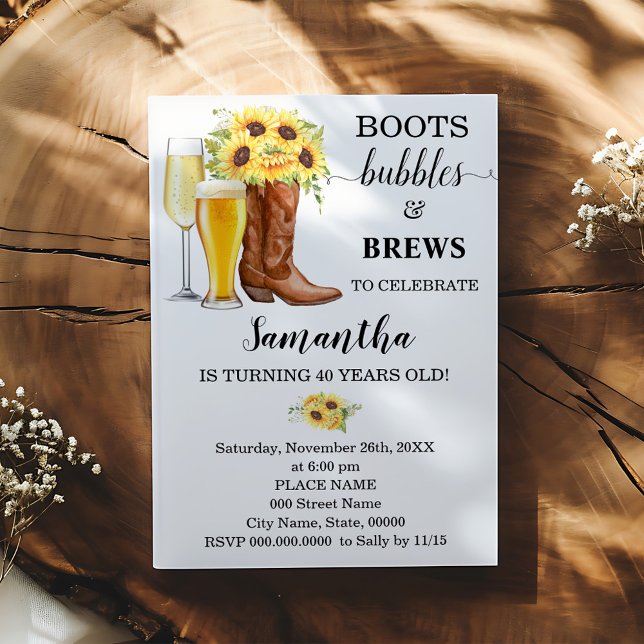 Solblommor Boots Bubbles and Brews Vuxen Birthday Inbjudningar (Skapare uppladdad)