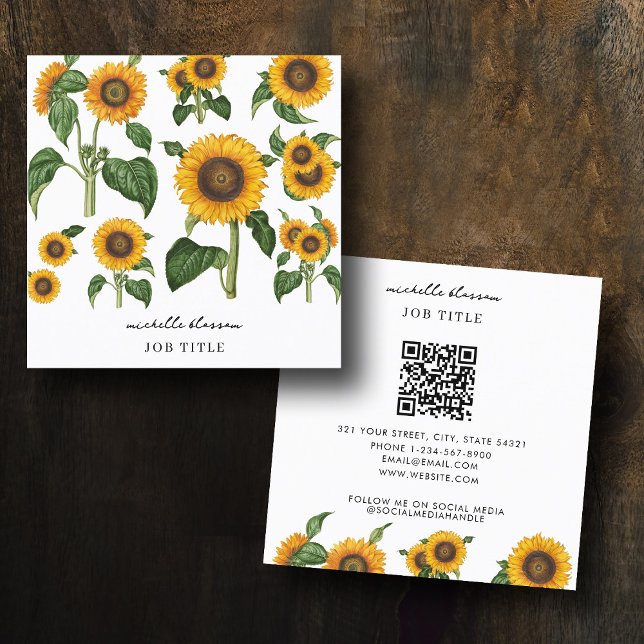 Solblommor Botaniskt blommor Greenery QR-kod Fyrkantigt Visitkort (Sunflowers Botanical Foliage Greenery QR Code Square Business Card)