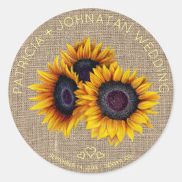 Solblommor bouquet rustik burlap bröllop runt klistermärke
