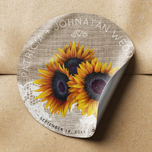 Solblommor bouquet rustip burlap snöre bröllop runt klistermärke