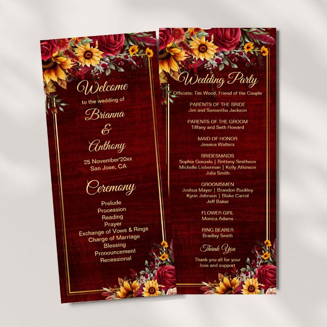 Solblommor, burgundärt bröllopsprogram meny (Sunflowers burgundy roses fall wedding program order of service ceremony stationery)