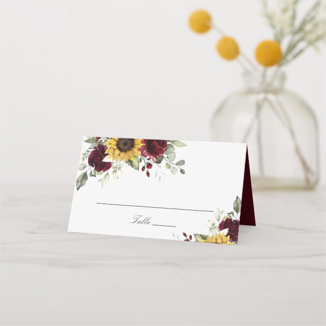Solblommor Burgundy Blommigt Bröllop Place Card Placeringskort (Framsida)