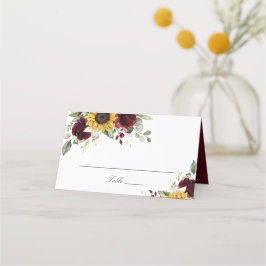 Solblommor Burgundy Blommigt Bröllop Place Card Placeringskort