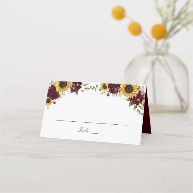 Solblommor Burgundy Flowers Bröllop Place Card Placeringskort (Framsida)